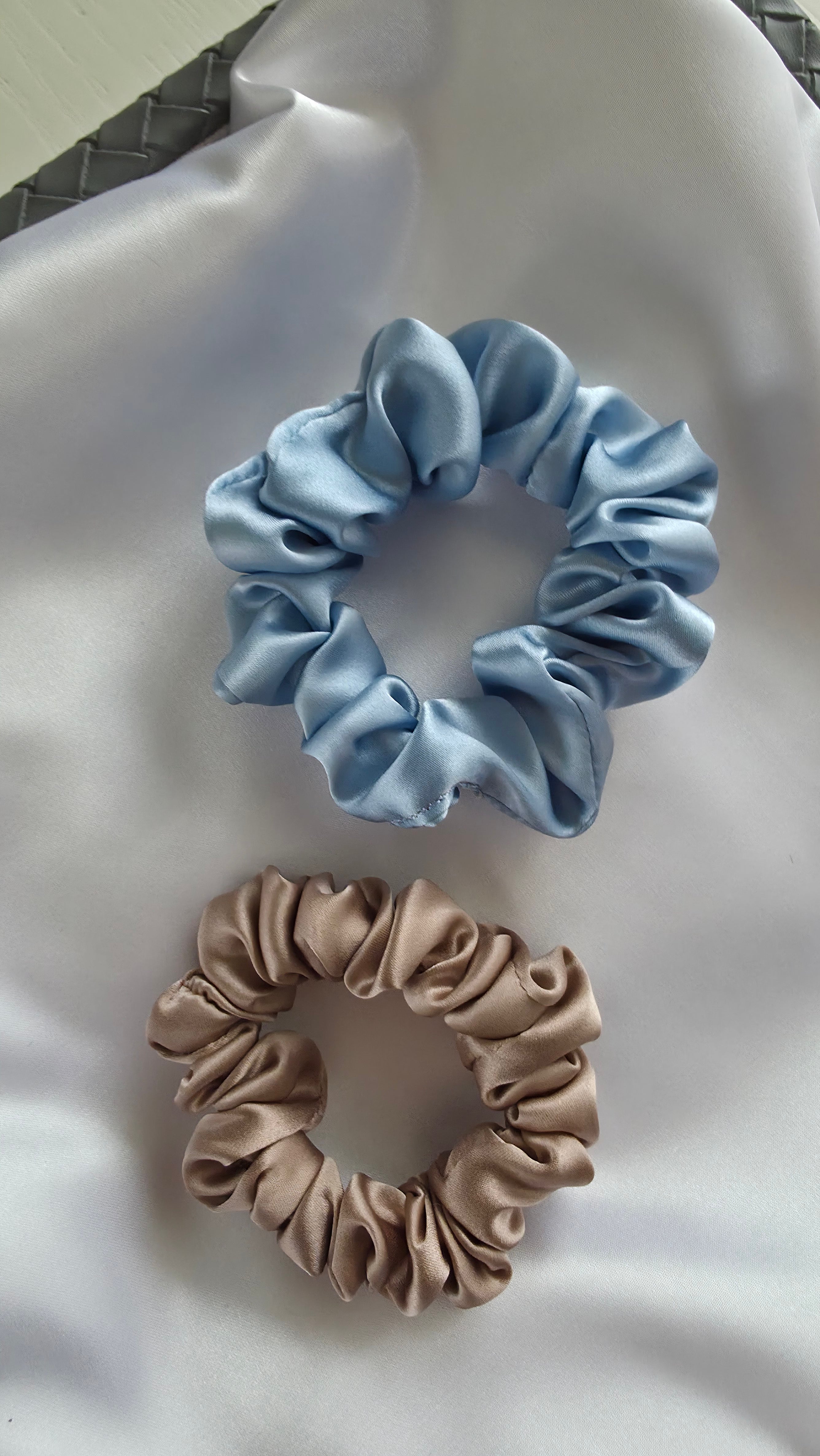 2 hair scrunchies midi size latte and baby blue collors on white