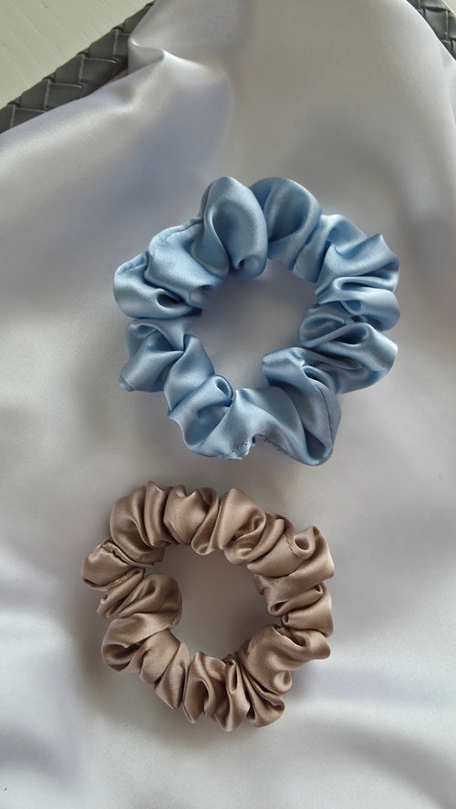2 hair scrunchies midi size latte and baby blue collors on white